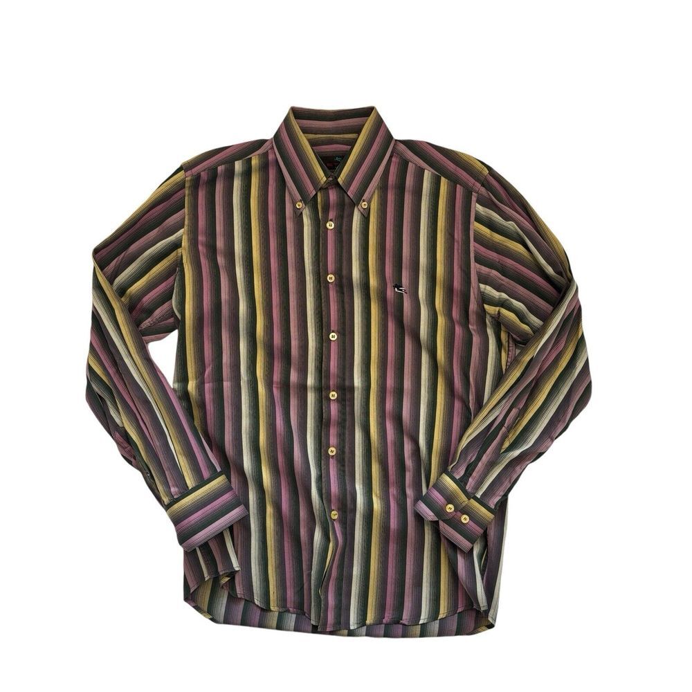 Etro Men's Button Up Shirt Multicolour Striped Colourful 100 Cotton Size 39‎